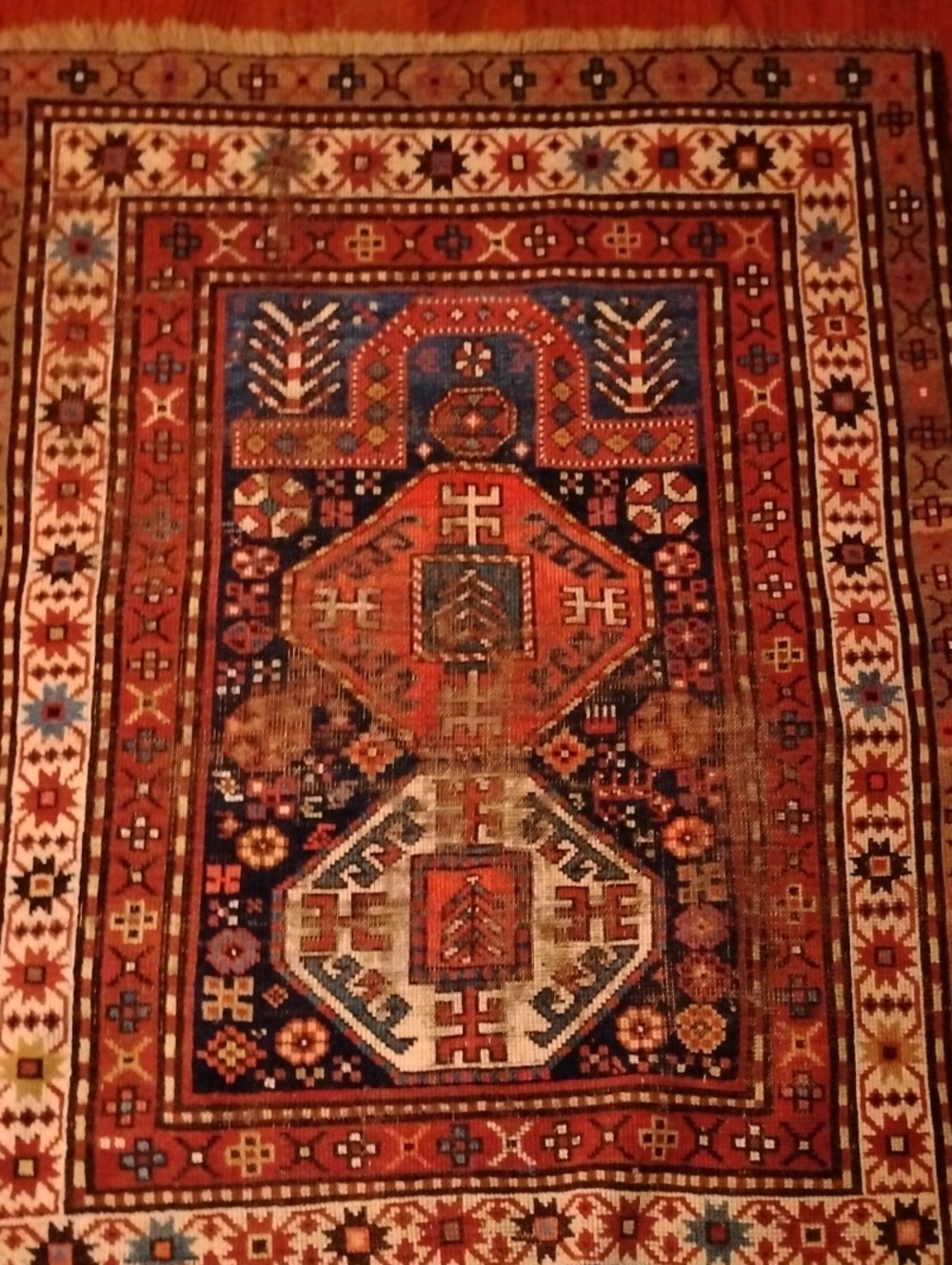Handwoven Geometric Oriental Rug in Red & Blue